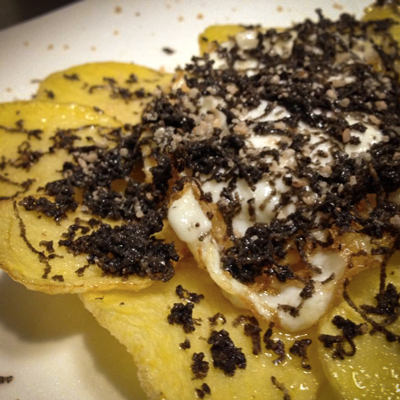 Ou, patates i tòfona, Menú degustació Març, Hotel Restaurant Diego, 2021 Ou, patates i tòfona, Menú degustació Març, Hotel Restaurant Diego, 2021