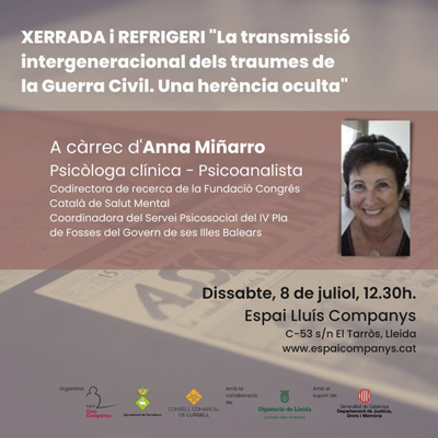 Xerrada 'La transmissió intergeneracional dels traumes de la Guerra Civil', Espai Lluís Companys, El Tarròs, 2023 Xerrada 'La transmissió intergeneracional dels traumes de la Guerra Civil', Espai Lluís Companys, El Tarròs, 2023