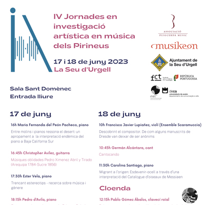IV Jornades en Investigació Artistíca en Música dels Pirineus, La Seu d'Urgell, 2023